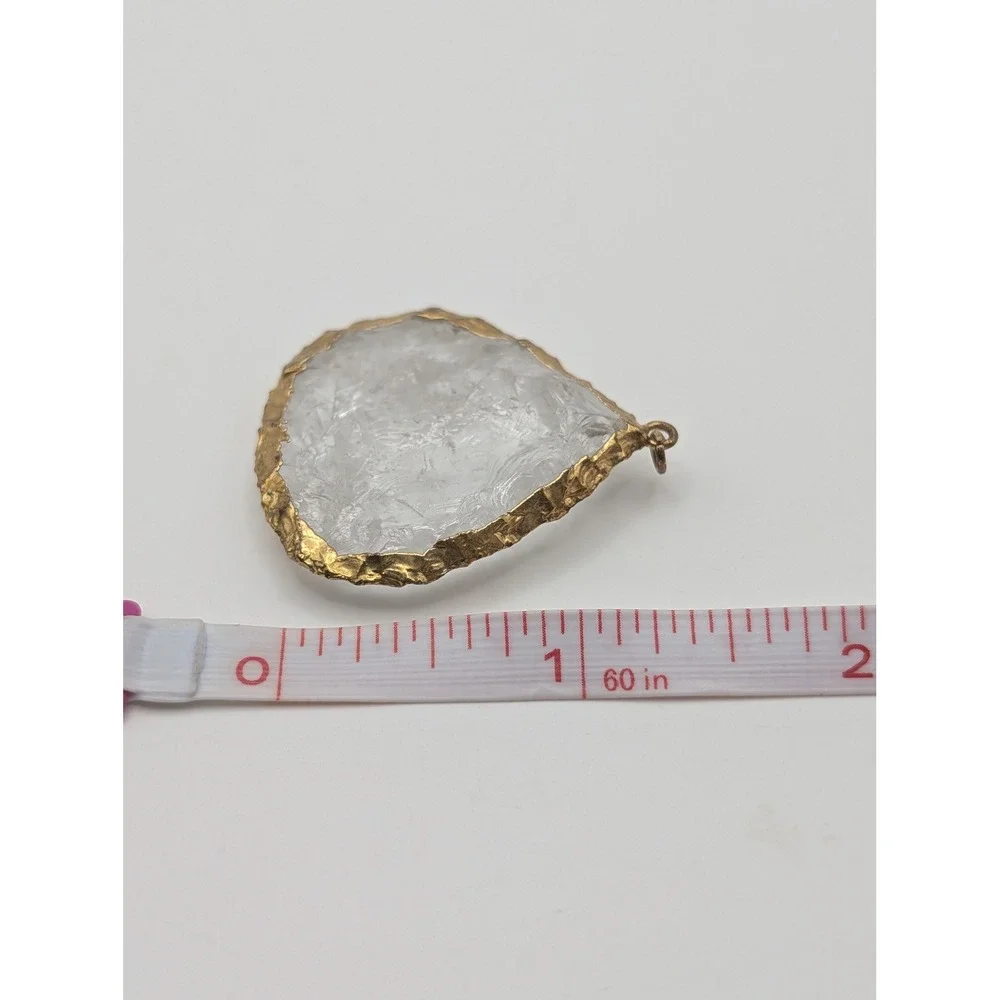 Unsigned Raw Clear Quartz Crystal Slice Pendant Gold Tone Edge Boho Statement